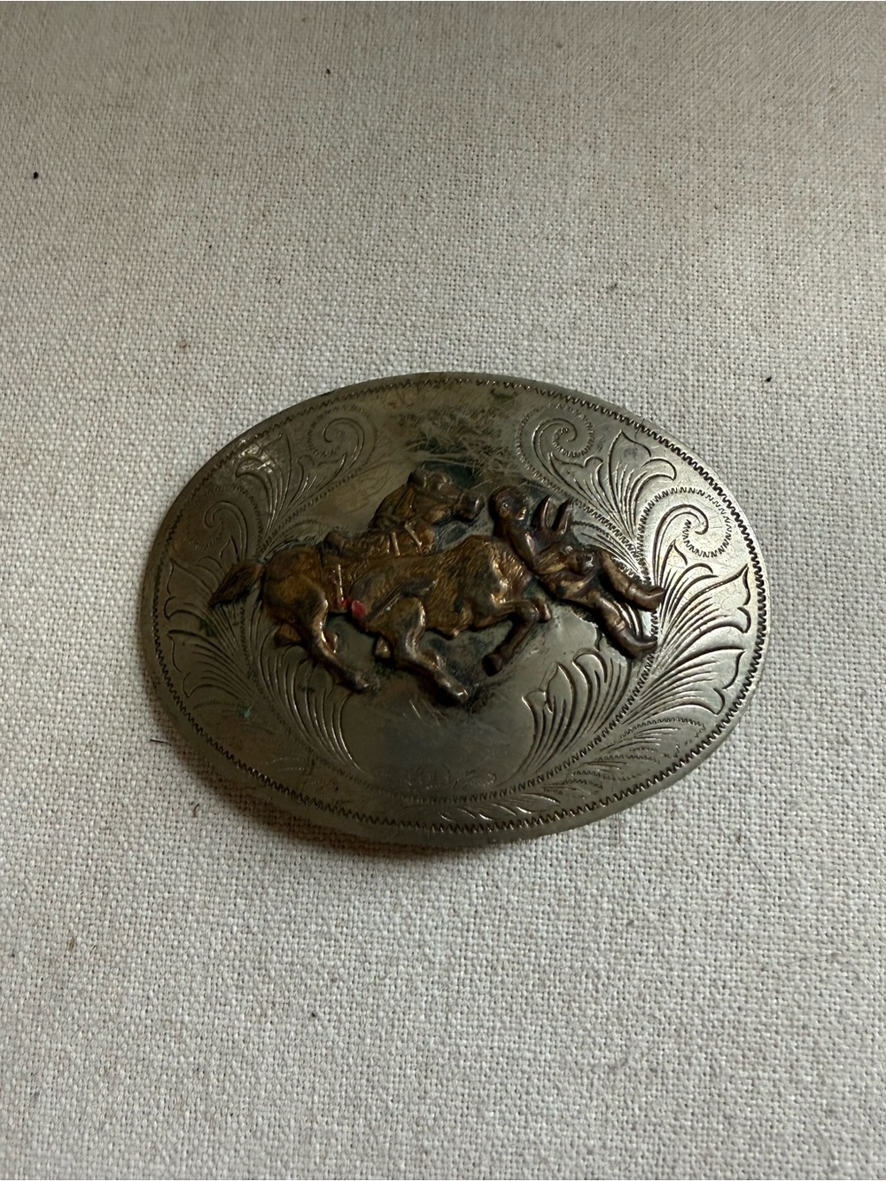 Vintage Oversized Western Cowboy Horse Rider Belt Buckle Nickel Silver Engraved